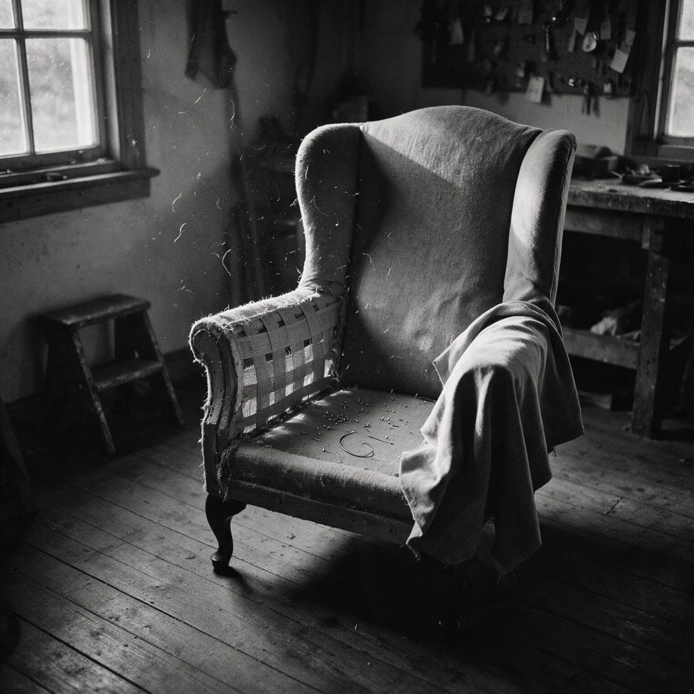 Wing-back armchair mid-reupholstery, webbing exposed