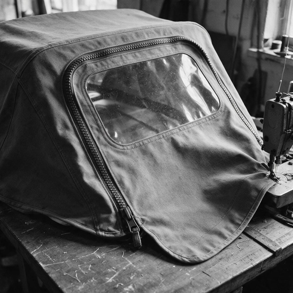 Boat canopy with a replaced zip and clear window panel