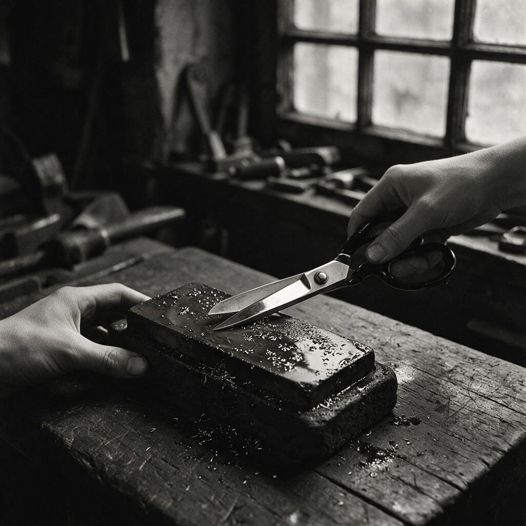 Dressmaking shears being sharpened on a stone