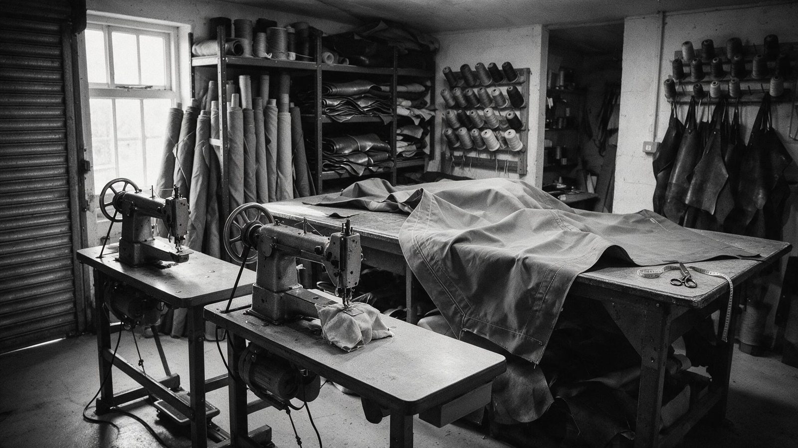 Inside the Marshall Textiles workshop: industrial machines, thread racks and a canopy on the cutting table